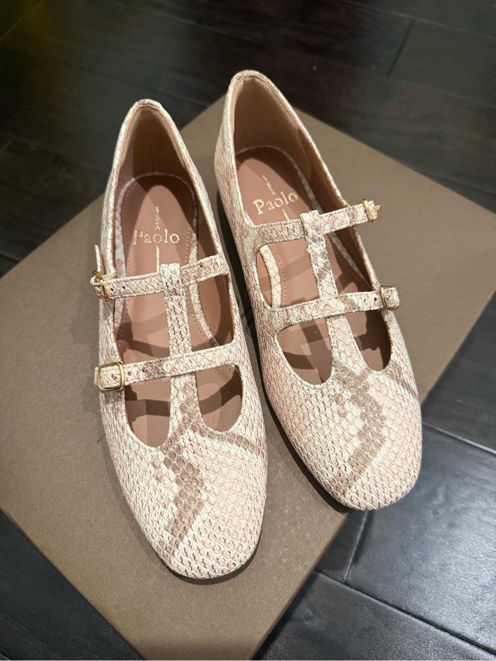 Línea Paolo Blush Snake-Embossed Double-Strap Flats